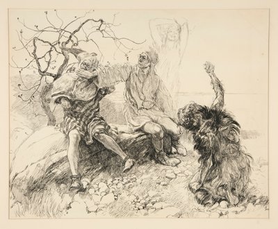 Caliban, Stephano e Trinculo (Ariel invisível), ilustração para o Acto II, Cena II, A Tempestade de Edwin Austin Abbey