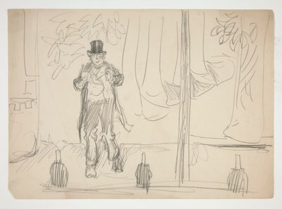 Desenho animado de um actor em palco(?) - ilustração não identificada de Edwin Austin Abbey