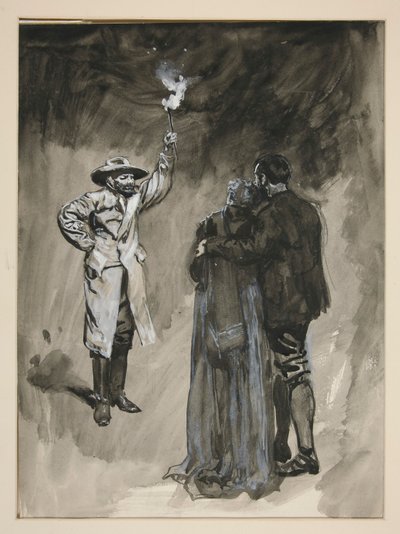 Casal confrontado na rua pelo homem segurando uma tocha - ilustração não identificada de Edwin Austin Abbey