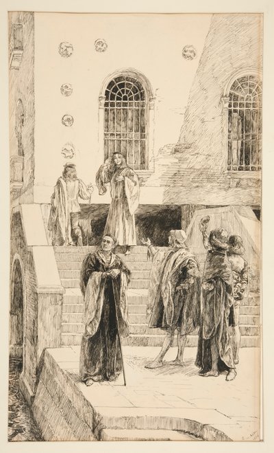 Exuent Salarino e Salanio, do Ato I, Cena I, Mercador de Veneza de Edwin Austin Abbey