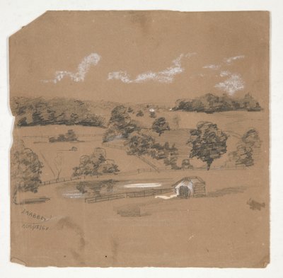 Paisagem de fazenda com vista para pastagens de Edwin Austin Abbey