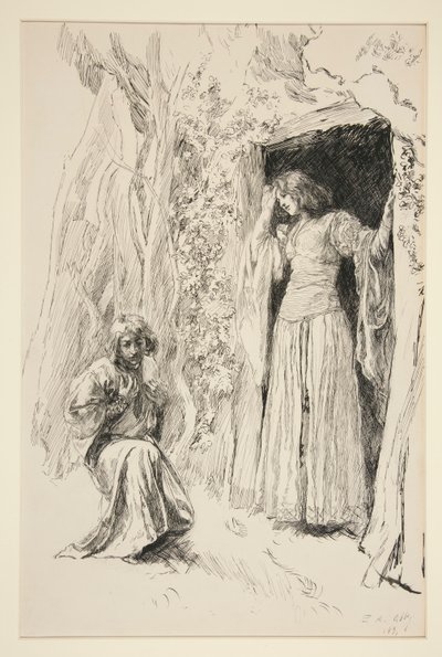 Ferdinand Meets Miranda, ilustração para o Acto III, Cena i, A Tempestade de Edwin Austin Abbey