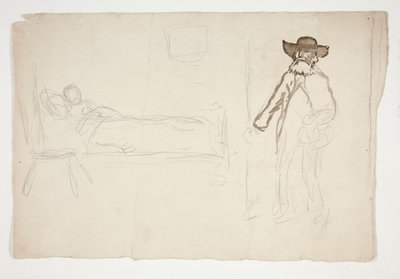 Figura na cama, homem a entrar no quarto - ilustração não identificada de Edwin Austin Abbey
