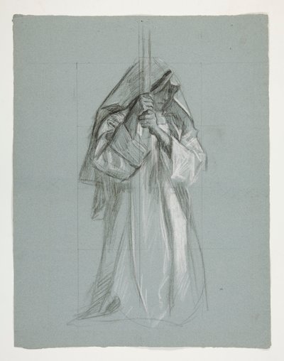 Estudo figurativo para Sir Lancelot e Sir Bors vestem Galahad com as suas esporas, de The Quest of the Holy Grail (segundo de uma série de quinze quadros para a Biblioteca Pública de Boston, concluída em 1901) de Edwin Austin Abbey