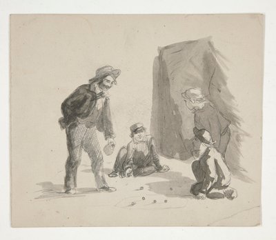 Quatro rapazes a jogar berlindes (recto); ilustração não identificada de rapaz no cavalete no interior (verso) de Edwin Austin Abbey