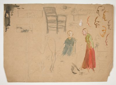 Estudos de Cabeça e Figura e Estudo de Cadeira (reto); Esboços para Ilustrações de Livros (verso) de Edwin Austin Abbey