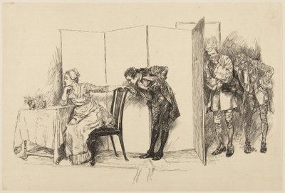 Ilustração para She Stoops to Conquer, de Goldsmith: «Aqui, atrás deste biombo» de Edwin Austin Abbey