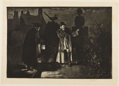 Ilustração para «She Stoops to Conquer» de Goldsmith: «Estou enganado, ou ouvi vozes» de Edwin Austin Abbey