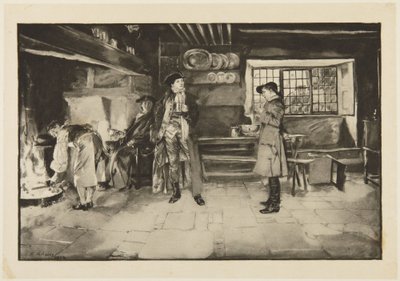 Ilustração para She Stoops to Conquer, de Goldsmith: «Sem ofensa, mas pergunta por pergunta é justo, sabe» de Edwin Austin Abbey