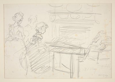 Cena interior: mulher ao piano e família - ilustração não identificada de Edwin Austin Abbey