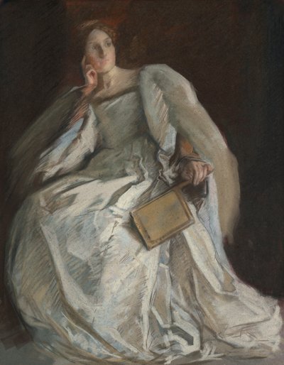 Lady in White Seated. Mão direita ao queixo. Ventilador de mão direita. de Edwin Austin Abbey