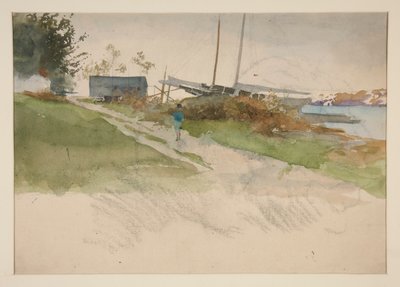 Paisagem com figura caminhando ao longo de um caminho, água em distância de Edwin Austin Abbey