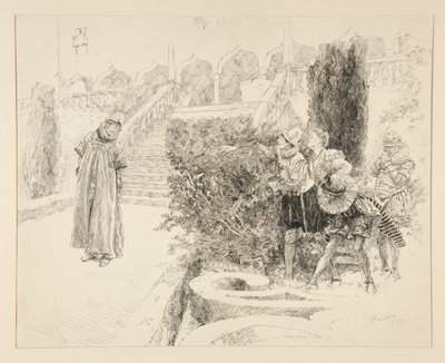 Malvolio encontra a carta, ilustração para o Acto II, Cena v, Décima Segunda Noite de Edwin Austin Abbey