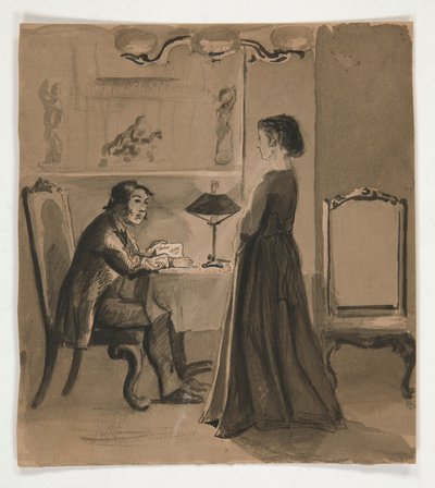 Homem e mulher em um interior - ilustração não identificada de Edwin Austin Abbey