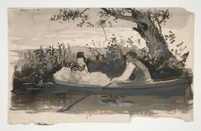 Homem e mulher em barco a remo, perto da margem do rio - ilustração não identificada de Edwin Austin Abbey