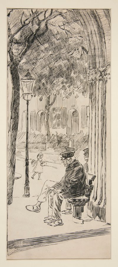 Homem no banco do parque - ilustração não identificada de Edwin Austin Abbey