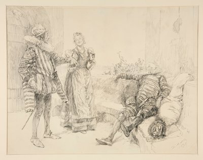 Maria, Sir Andrew e Toby, ilustração para Ato I, Cena iii, Noite de Reis de Edwin Austin Abbey