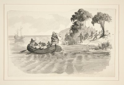 Homens em barcos a remos em fuga dos índios em terra - ilustração não identificada (Colombo descobrindo o Novo Mundo?) - exploradores a desembarcar no Novo Mundo de Edwin Austin Abbey