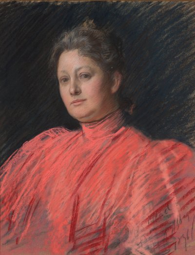 Retrato da Sra. Abbey em vestido cor-de-rosa, comprimento da cintura de Edwin Austin Abbey