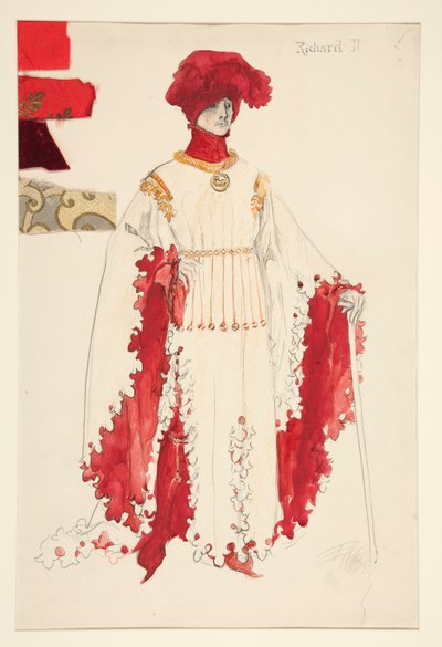 Richard II (em vermelho), esboço de figurino para Henry Irving de Edwin Austin Abbey