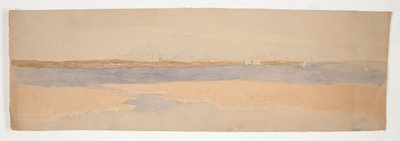 Paisagem fluvial com cidade na costa distante de Edwin Austin Abbey