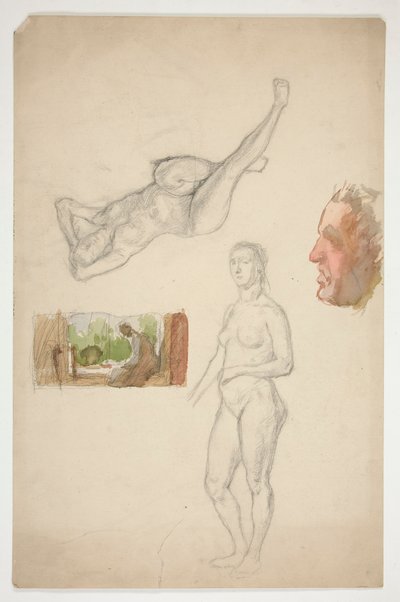 Folha de esboços: duas mulheres nuas, perfil de um homem, figura sentada em um interior de Edwin Austin Abbey