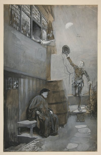 Esboço para o Rendezvous Nighttime - 3 figuras: dois homens, uma mulher de Edwin Austin Abbey