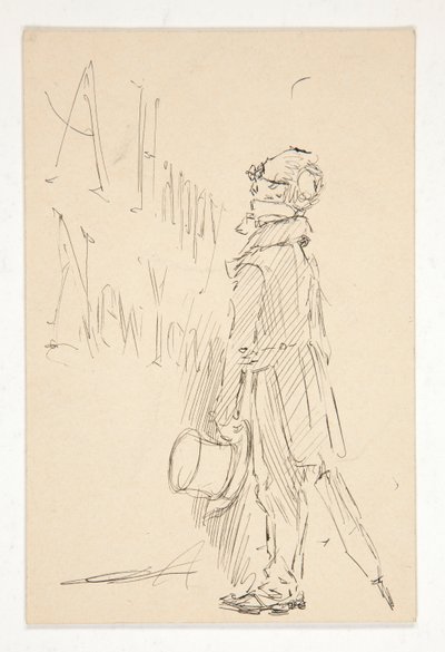 Esboço para um cartão de felicitações: Um Feliz Ano Novo; estudo de um homem lendo um sinal de Edwin Austin Abbey