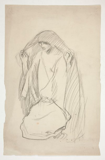 Esboço de uma figura feminina camuflada em oração por Três Marias na Cruz de Edwin Austin Abbey