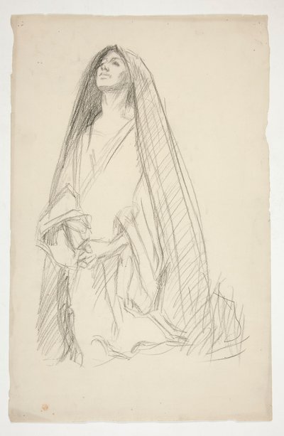 Esboço de uma figura feminina encapuzada em oração por Três Marias na Cruz de Edwin Austin Abbey