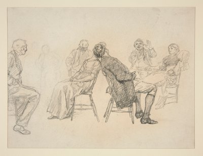 Esboço de um casal a jogar um jogo, rodeado de espectadores, num interior (?) - ilustração não identificada de Edwin Austin Abbey