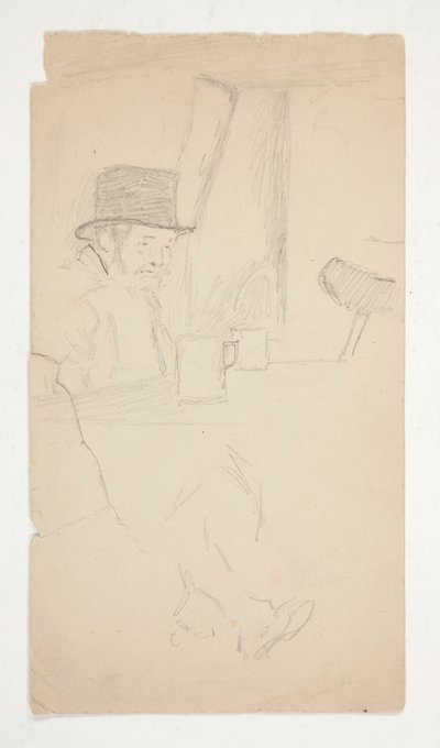 Esboço de um homem aleijado sentado à mesa em bar de Edwin Austin Abbey