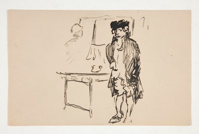 Esboço de um homem em vestido revolucionário ao lado de uma mesa de Edwin Austin Abbey