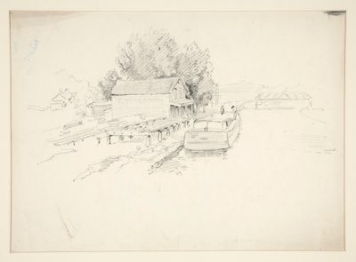 Esboço de um cais, com barco de pesca e loja de docas de Edwin Austin Abbey