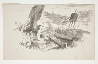 Esboço de um pintor pleino-ar que faz uma sesta debaixo de uma árvore - ilustração não identificada de Edwin Austin Abbey