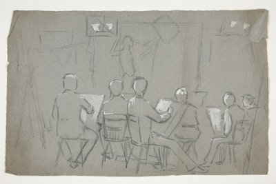 Esboço de uma sala de estudantes desenhando um modelo de Edwin Austin Abbey