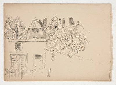 Esboço de um exterior: edifícios e árvore de Edwin Austin Abbey