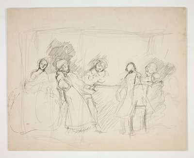 Esboço de figuras em torno de uma mesa - ilustração não identificada para uma peça de teatro (?) de Edwin Austin Abbey