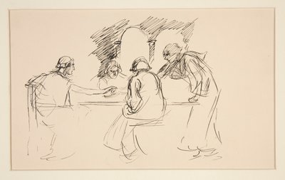 Esboço de quatro homens em vestido medieval numa mesa - ilustração não identificada, possivelmente para de Edwin Austin Abbey