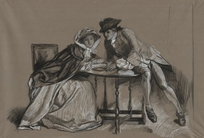 Estudar. Dama e cavalheiro conversando em uma mesa de Edwin Austin Abbey
