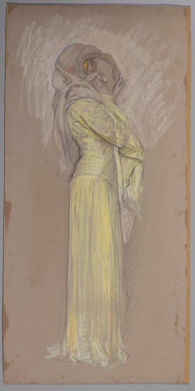 Estudo, Mulher de vestido amarelo com véu marrom sobre o rosto de Edwin Austin Abbey