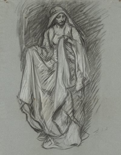 Estudo para mulher drapeada, estudo de figura para The Quest of the Holy Grail (série de 15 quadros para a Biblioteca Pública de Boston, concluída em 1901) de Edwin Austin Abbey