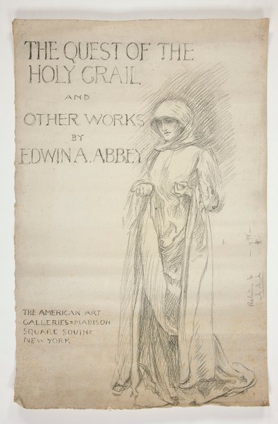 Estudo para o anúncio de abertura(?) das pinturas The Quest of the Holy Grail: The Quest of the Holy Grail e outras obras de Edwin A. Abbey. Desenho para a primeira capa do catálogo Abbey. de Edwin Austin Abbey