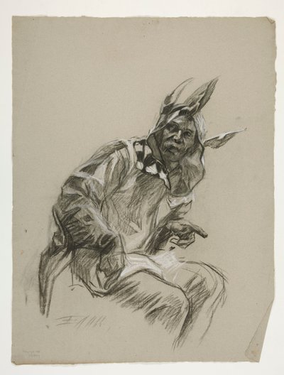 Estudo de Jester (não utilizado), para a Quest of the Holy Grail (uma série de quinze quadros para a Biblioteca Pública de Boston, concluída em 1901) de Edwin Austin Abbey