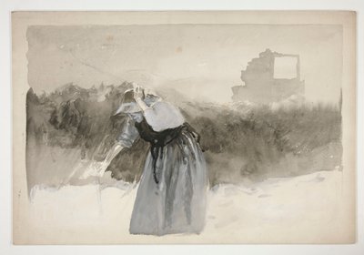 Estudo de uma mulher de gorro, inclinada - (ilustração não identificada) de Edwin Austin Abbey