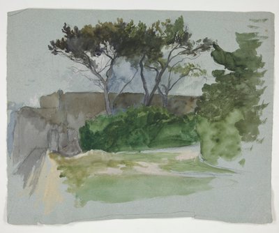 Estudo da paisagem com árvores e muros de pedra de Edwin Austin Abbey