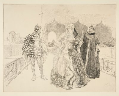 O Palhaço e Malvolio, ilustração para o Acto I, Cena v, Décima Segunda Noite de Edwin Austin Abbey