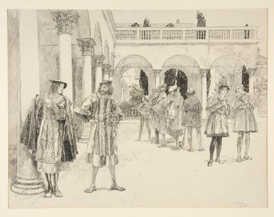 O Tribunal do Palácio, do Acto IV, Cena II, Dois Cavalheiros de Verona de Edwin Austin Abbey