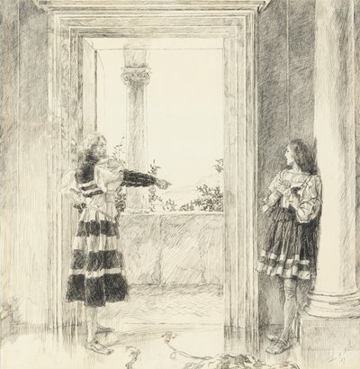 O Duque Expulsa Valentim, do Ato III, Cena I, Dois Cavalheiros de Verona de Edwin Austin Abbey