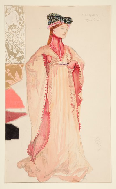 A Rainha (em cor-de-rosa), esboço de fantasia para Henry Irving de Edwin Austin Abbey